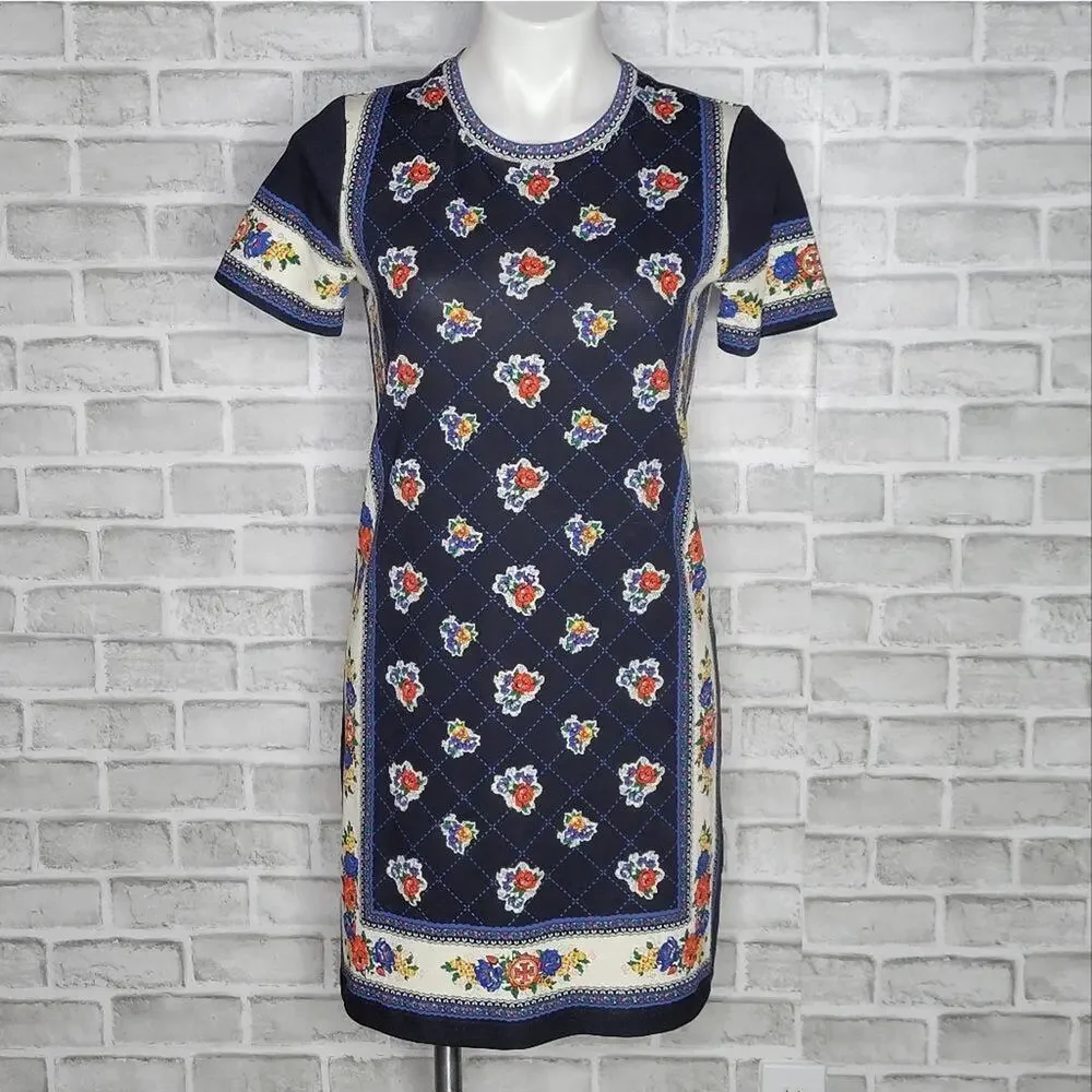 Tory Burch XS Navy Floral Border Print Pima Cotton Shift Mini Dress